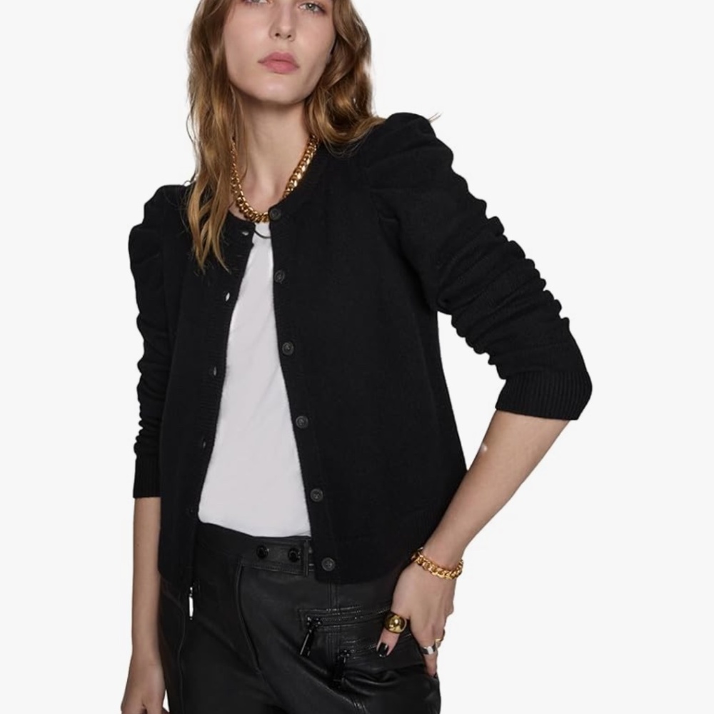 Rebecca Minkoff Janine Cardigan, NWT, L, Wool, PUFF Shoulder, SUPER-LONG SLEEVE